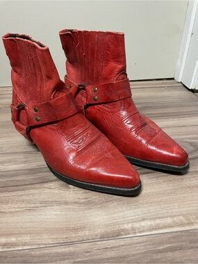 Red Leather Western Harness Ankle Boots